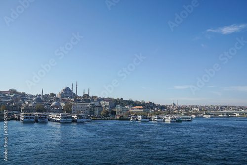 Istanbul / Turkey - December 10 2019: new Mosque across the black sea in sunny day blue sky