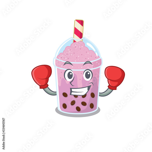 A sporty boxing athlete mascot design of taro bubble tea with red boxing gloves