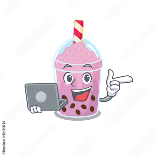 Cartoon character of taro bubble tea clever student studying with a laptop