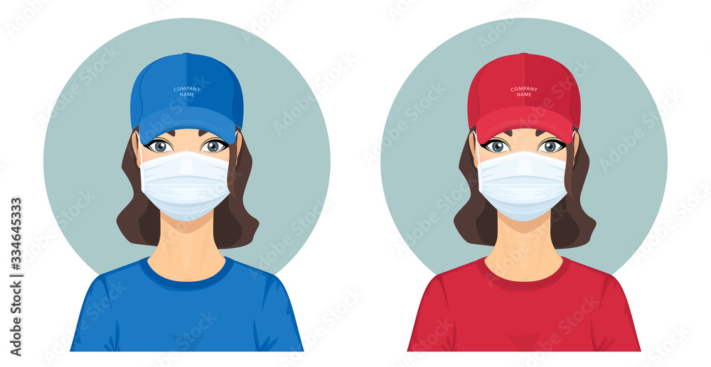 Attractive Young Woman in Red and Blue Uniform with Surgical Face Mask. Safe Home Delivery Concept. Courier Service. Advertising for Your Company. Vector Illustration Attractive Young Woman in Red and Blue Uniform with Surgical Face Mask. Safe Home Delivery Concept. Courier Service. Advertising for Your Company. Vector Illustration