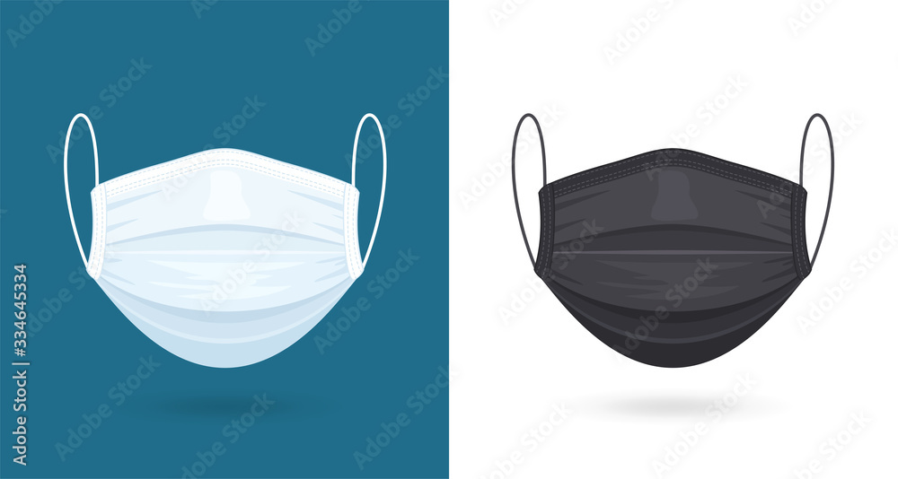 Black and White Medical or Surgical Face Masks. Virus Protection. Breathing Respirator Mask. Healthcare Concept. Vector Illustration