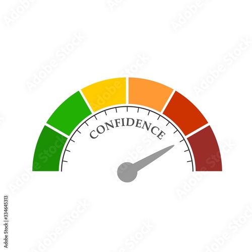 Confidence level scale with arrow. The measuring device icon. Sign tachometer, speedometer, indicators. Infographic gauge element.
