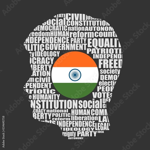 Head of man filled by word cloud. Words related to politics, government, parliamentary democracy and political life. Flag of the India photo