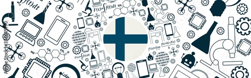 Innovation and technology concept. Circle frame with thin line icons. Flag of the Finland