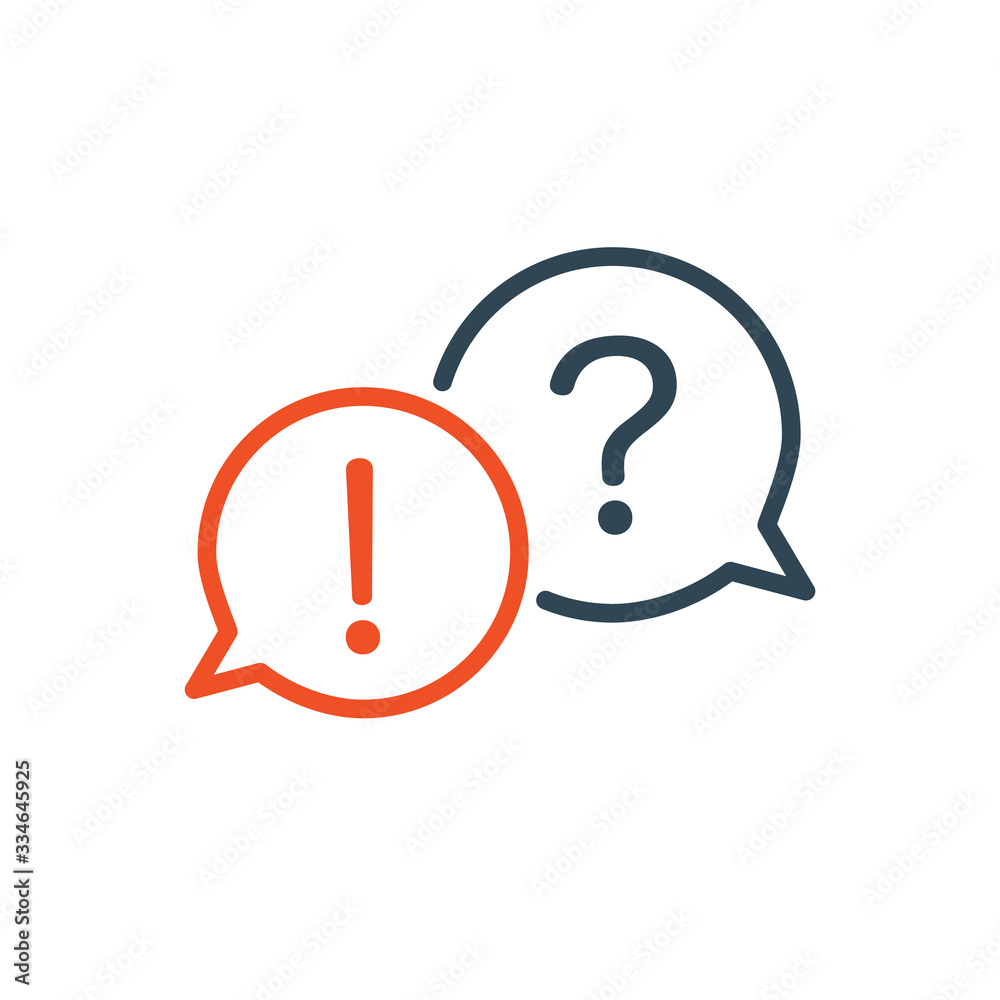Two linear chat speech message bubbles with question and exclamation marks. FAQ or Forum icon. Communication concept. Stock vector illustration isolated on white background. Two linear chat speech message bubbles with question and exclamation marks. FAQ or Forum icon. Communication concept. Stock vector illustration isolated on white background.