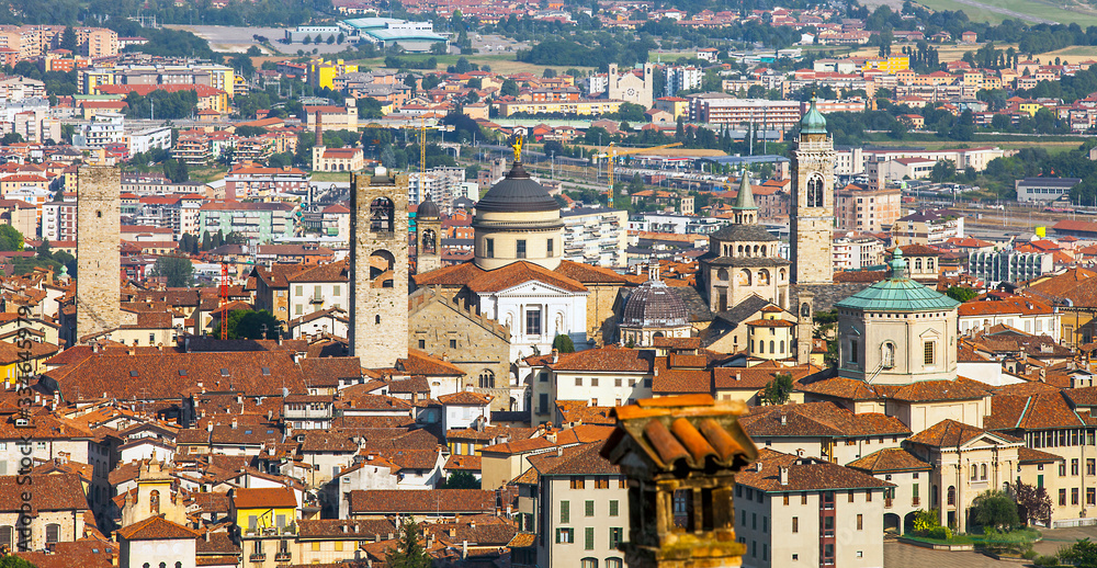 View of the city of Bergamo in Lombardy Italy from the old town of La Citta Alta