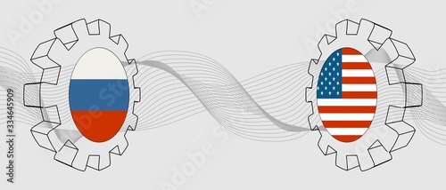 Partnership concept. Russia and USA association. Gears textured by flag