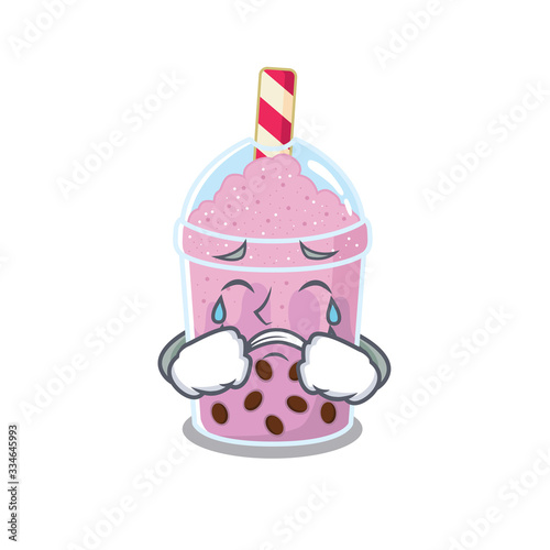 Cartoon character design of taro bubble tea with a crying face