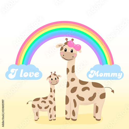 Cute giraffe mom and her baby. Concept of mother love. Cute tiny family. Cartoon vector illustration. Suitable for baby t-shirt, baby clothes, greeting card, pajamas and games room. Kids illustration