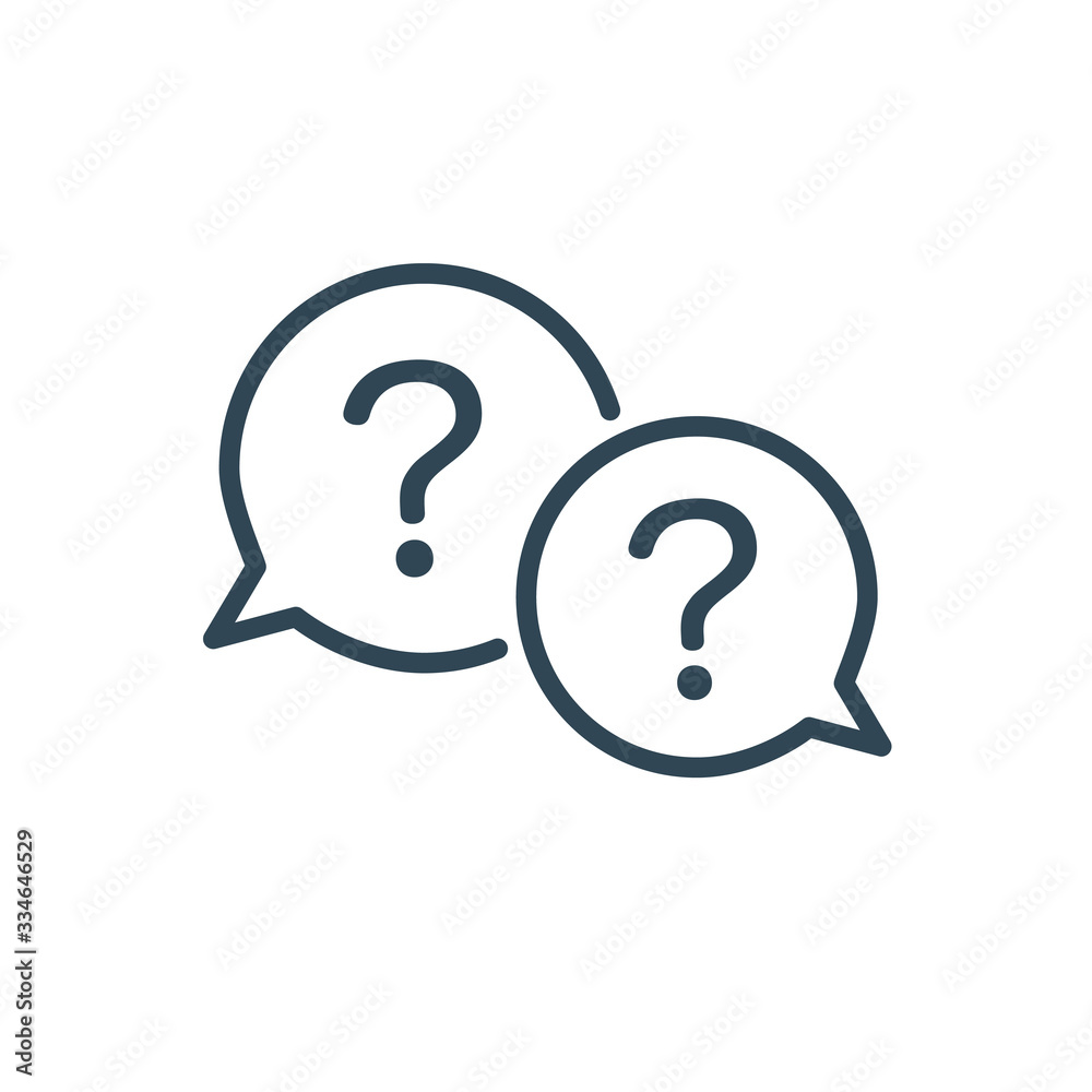 Two linear chat speech message bubbles with question and exclamation marks. FAQ or Forum icon. Communication concept. Stock vector illustration isolated on white background. Two linear chat speech message bubbles with question and exclamation marks. FAQ or Forum icon. Communication concept. Stock vector illustration isolated on white background.