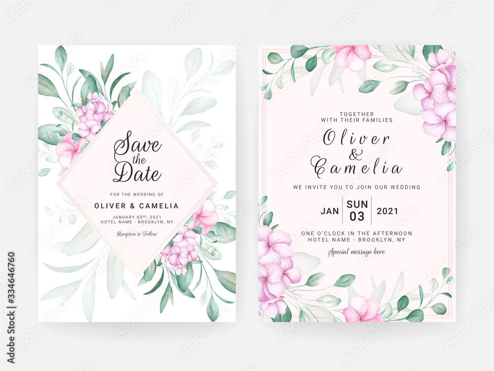 Foliage wedding invitation card template set with watercolor floral arrangements and border. Flowers decoration for save the date, greeting, rsvp, thank you, poster. Botanic illustration vector