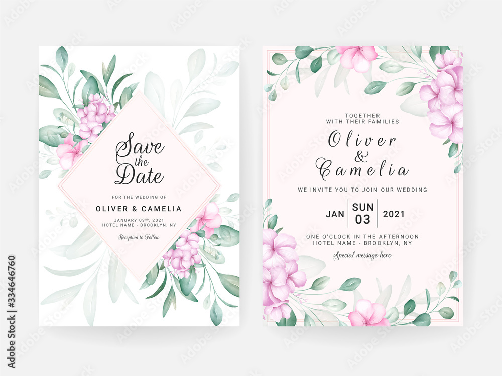Foliage wedding invitation card template set with watercolor floral arrangements and border. Flowers decoration for save the date, greeting, rsvp, thank you, poster. Botanic illustration vector Foliage wedding invitation card template set with watercolor floral arrangements and border. Flowers decoration for save the date, greeting, rsvp, thank you, poster. Botanic illustration vector