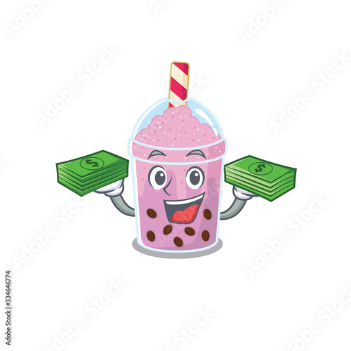 A wealthy taro bubble tea cartoon character having money on hands