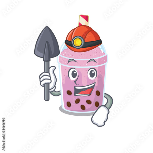 Taro bubble tea miner cartoon design concept with tool and helmet