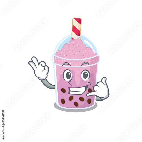 Cartoon design of taro bubble tea with call me funny gesture
