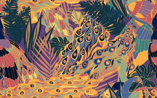 Seamless pattern with large blue-green peacock tails and leaves of tropical palm trees.
