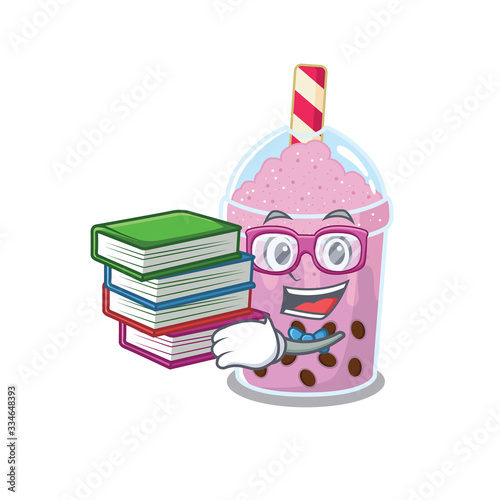 A diligent student in taro bubble tea mascot design concept with books