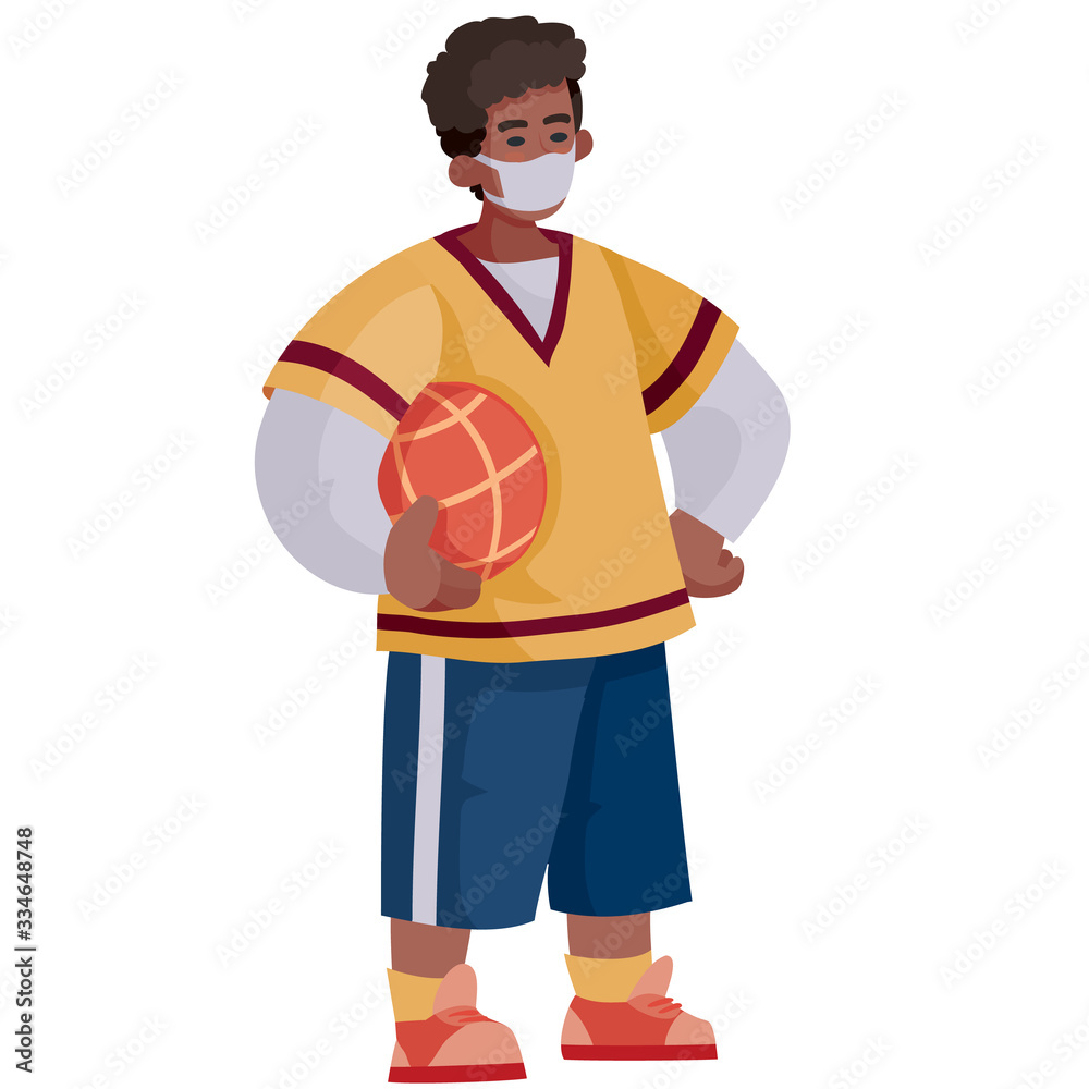teenager African American holding a basketball ball in his hands and wearing a protective medical mask against the virus, isolated object on white background, vector illustration, eps