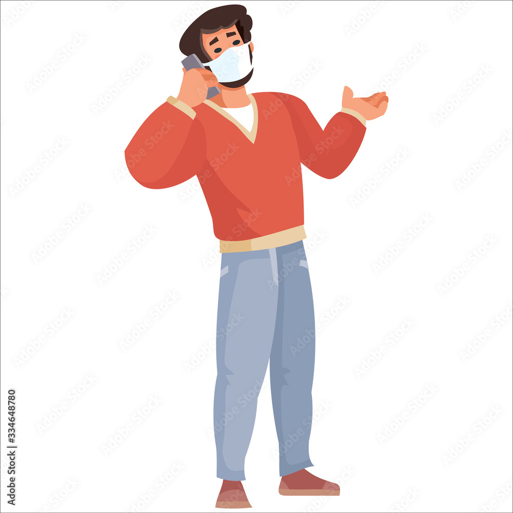 man talking on a cell phone and wearing a medical mask for the virus, isolated object on white background, vector illustration, eps