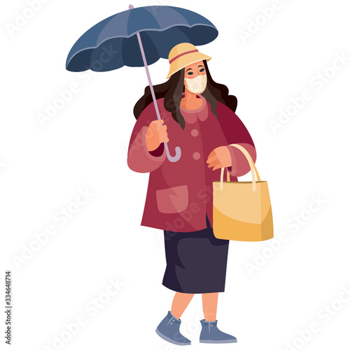 woman with a big bag and an umbrella in her hands  she is wearing a protective mask  isolated object on a white background  vector illustration  eps
