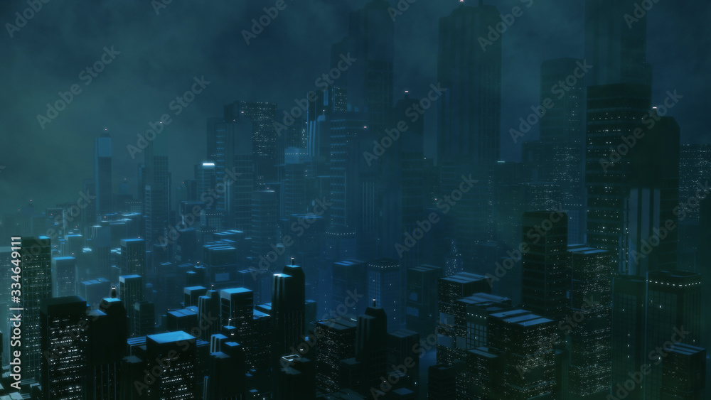 3D Rendering of futuristic virtual sci fi city. Many high sky scrapper building towers.  Concept for night life, business vision, technology product 
