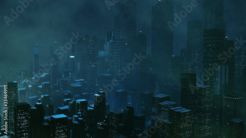 3D Rendering of futuristic virtual sci fi city. Many high sky scrapper building towers. Concept for night life, business vision, technology product 