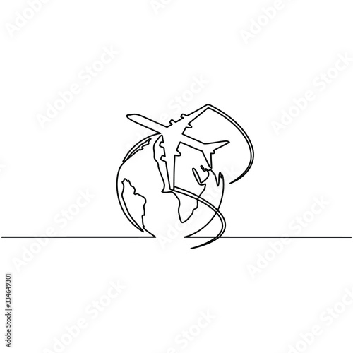 Continuous line drawing of airplane flying around the world. Business and tourism, airplane travel concept. Vector sketch illustration for print, web, mobile and infographics on white background.