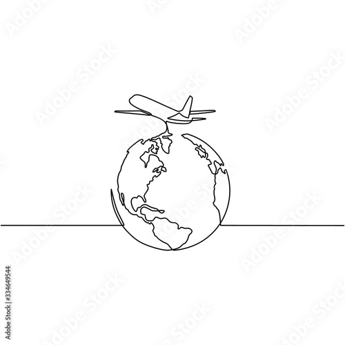 Continuous line drawing of airplane flying around the world. Business and tourism, airplane travel concept. Vector sketch illustration for print, web, mobile and infographics on white background.