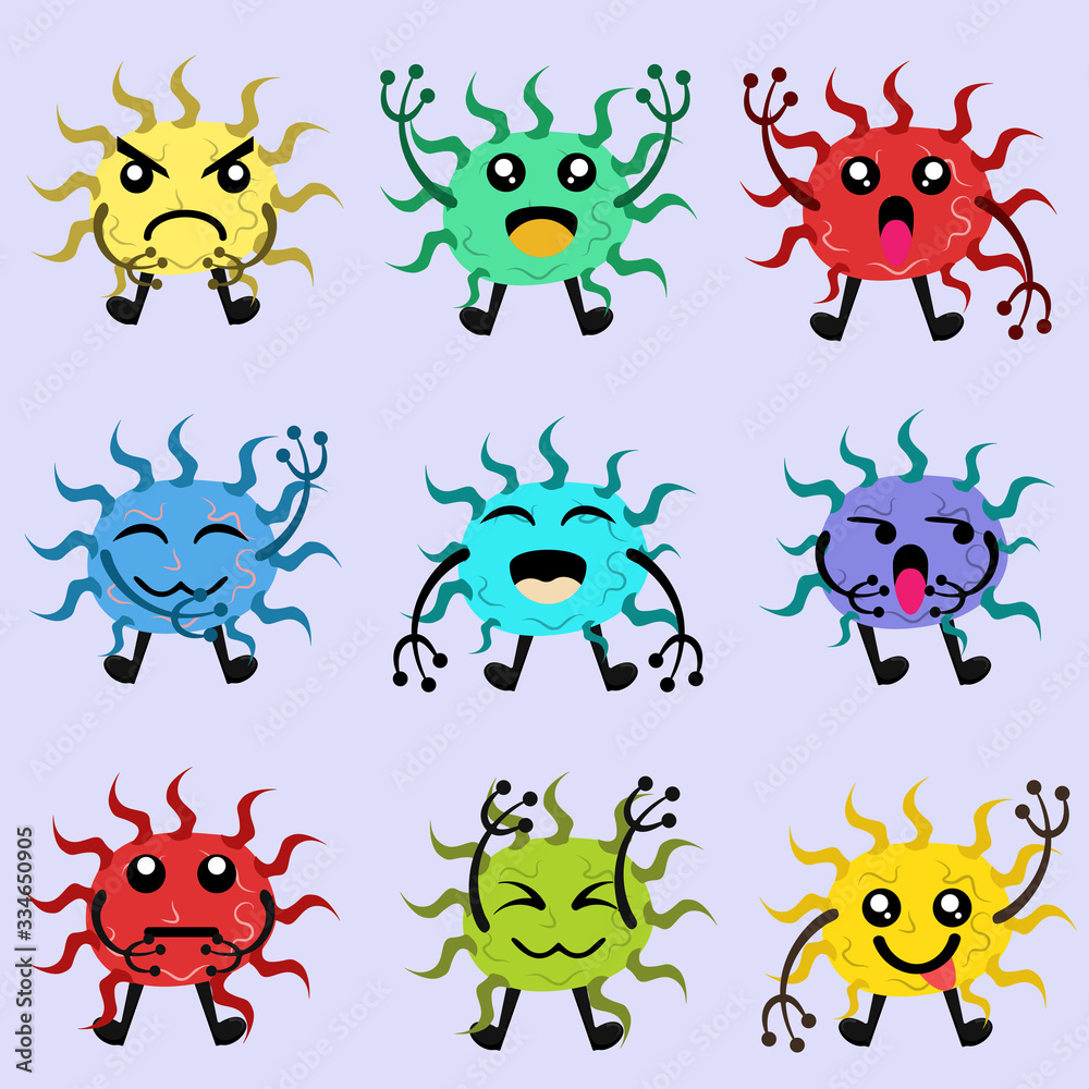 Naklejka premium Illustration vector graphic of Cute character of germ, bacteria and virus set collection. Microbe, Pathogen, Virus icon. Cartoon microbes. Cute cartoon germ in flat style design.