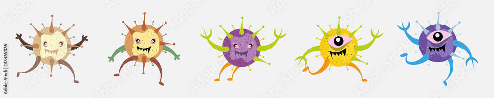 Illustration vector graphic of cute bacteria character running set collection. Vector cartoon illustration of a virus, bacteria. Simple vector illustration EPS10 isolated on white background.