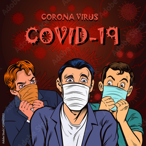 People all over the world are scared of the plague covid-19, wears a mask to prevent infection. Pop art retro illustration comic Style Vector.