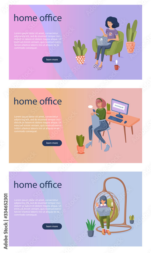 Home office web template concept. Freelance work from home due to coronavirus quarantine. Woman takes online education. Flat vector.