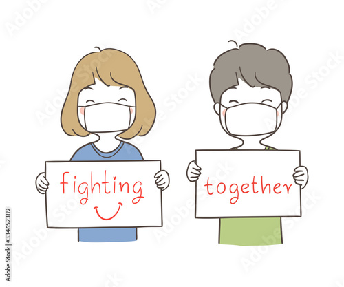 Draw happy boy and girl holding board write fighting together.