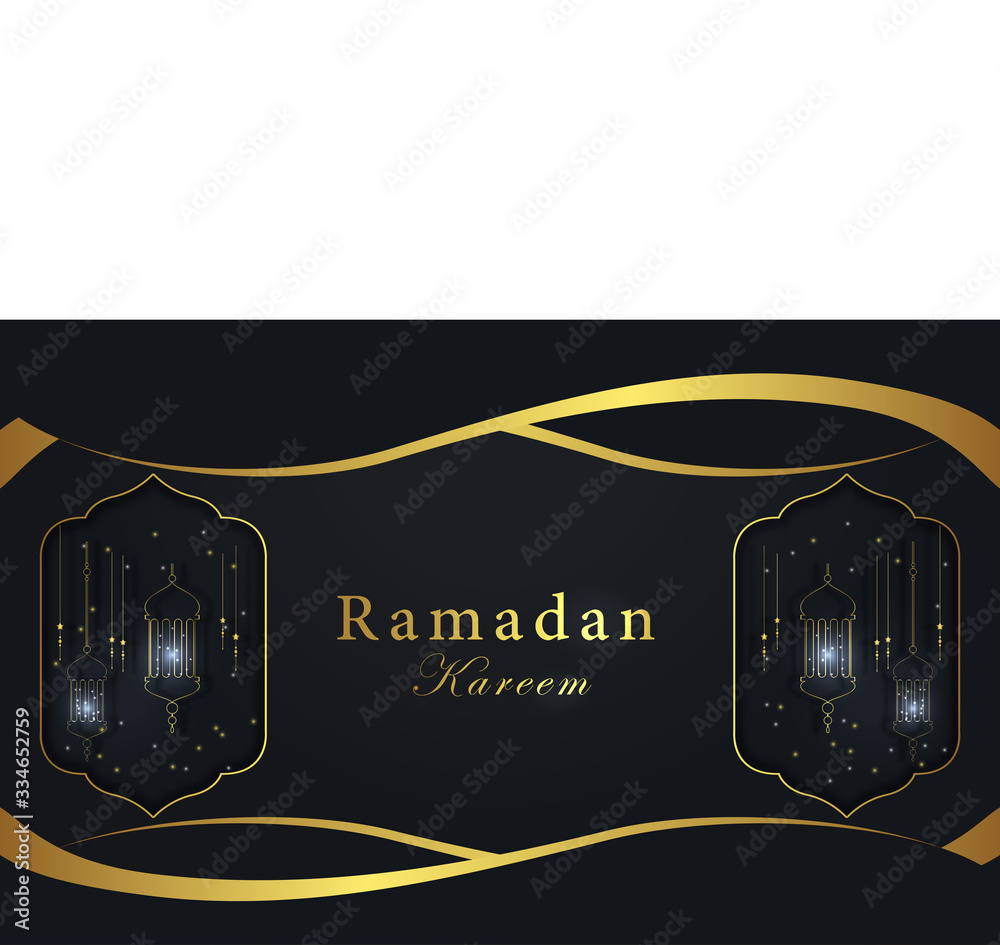 Ramadan kareem illustration vector with lantern light and wave golden shapes.