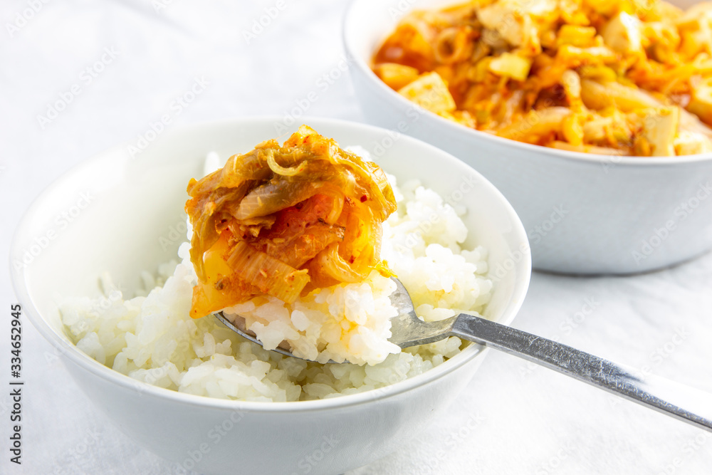 Korean Tuna kimchi stew which is called Chamchi Kimchi Jjigae with rice Stock Photo Adobe Stock