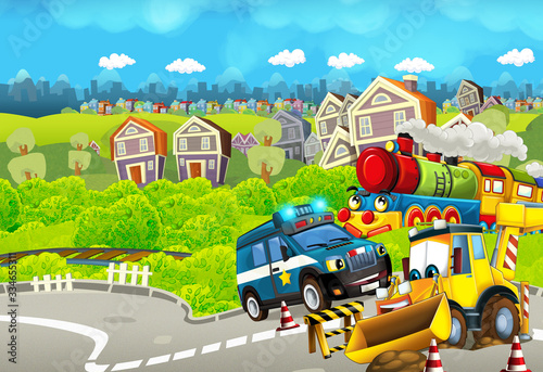 Cartoon funny looking train near the city with police car and excavator digger car driving and plane flying - illustration for children