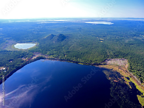 Aerial view on the beautiful large lake. North Kazakhstan region. Kazakhstan. Aerial photograph area on agriculture.