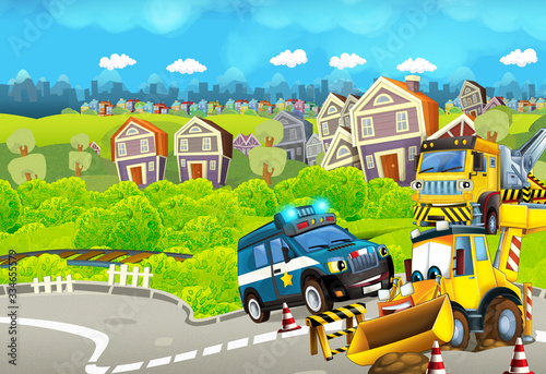 Cartoon funny looking train near the city with police car and excavator digger car driving and plane flying - illustration © honeyflavour