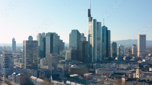 Cinematic panorama  rotating aerial drone shot of the skyline and skyscrapers of frankfurt am main 4K 30p
