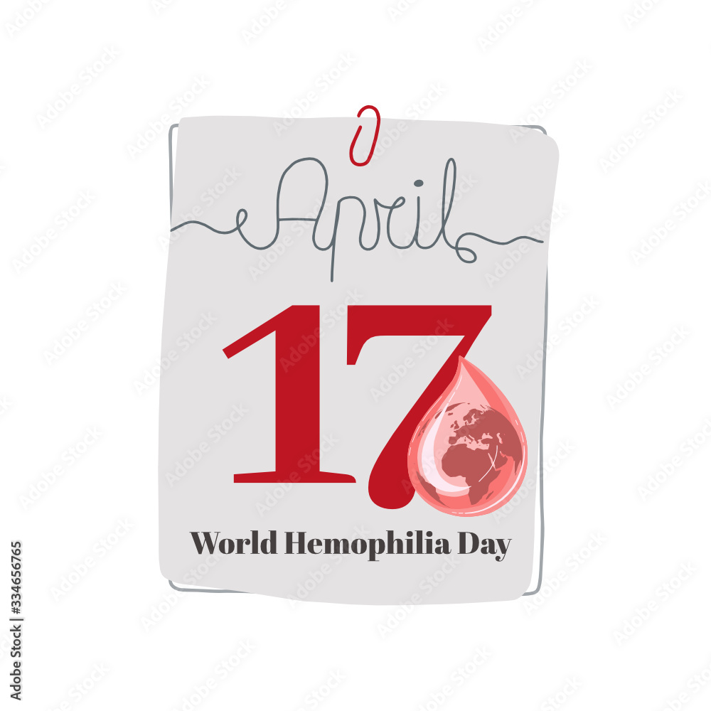 Calendar sheet, vector illustration on the theme of World Hemophilia Day. April 17. Decorated with a handwritten inscription - APRIL and stylized linear blood drop with with earth.