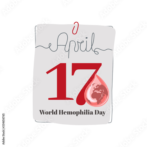 Calendar sheet, vector illustration on the theme of World Hemophilia Day. April 17. Decorated with a handwritten inscription - APRIL and stylized linear blood drop with with earth.