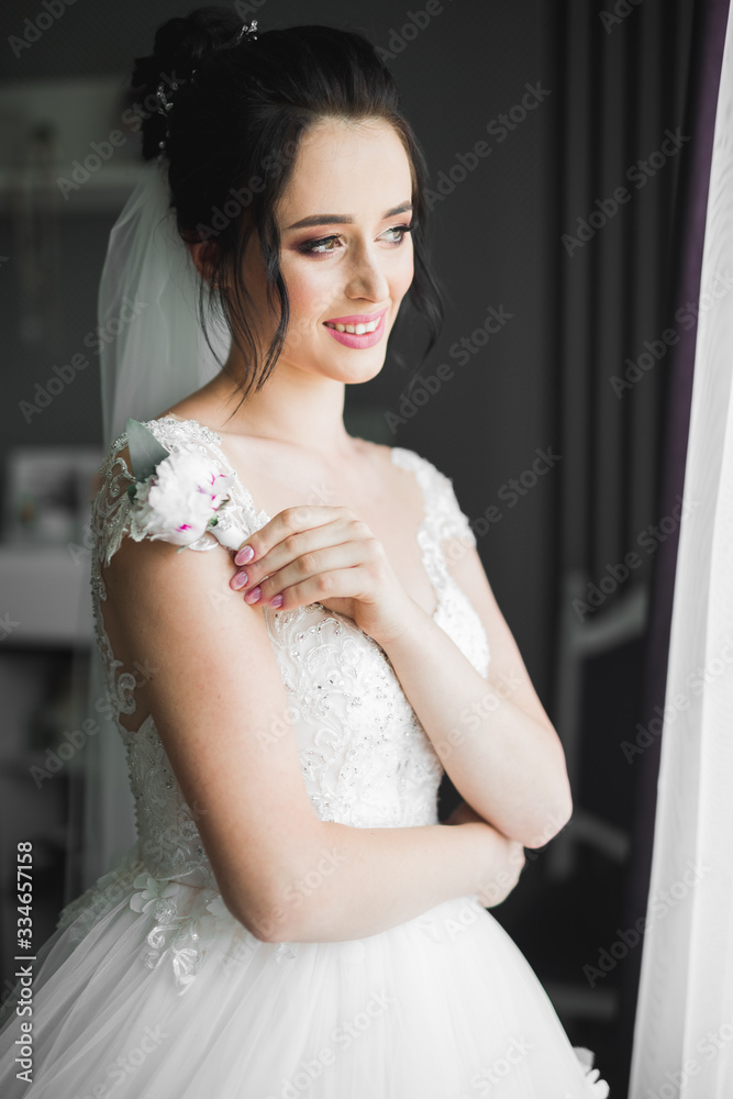 Gorgeous bride in robe posing and preparing for the wedding ceremony face in a room Gorgeous bride in robe posing and preparing for the wedding ceremony face in a room