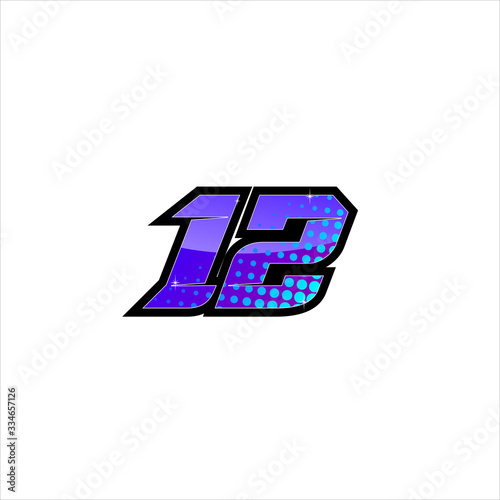 Vector Racing number 12, start racing number, sport race number with purple blue color and halftone dots style isolated on white background