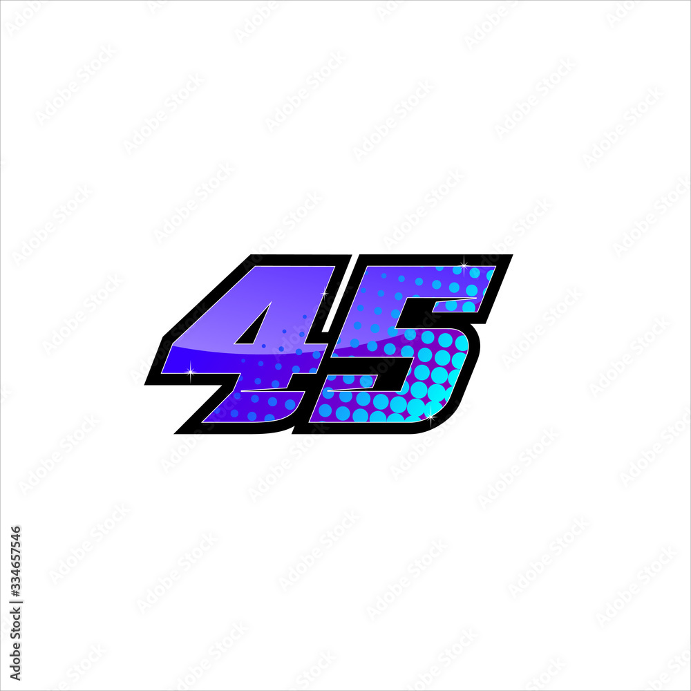 Vector Racing number 45, start racing number, sport race number with purple blue color and halftone dots style isolated on white background Vector Racing number 45, start racing number, sport race number with purple blue color and halftone dots style isolated on white background