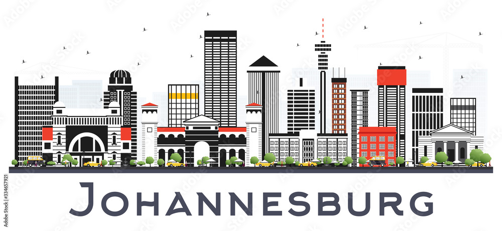 Fototapeta premium Johannesburg RPA City Skyline z szarymi budynkami na białym tle.