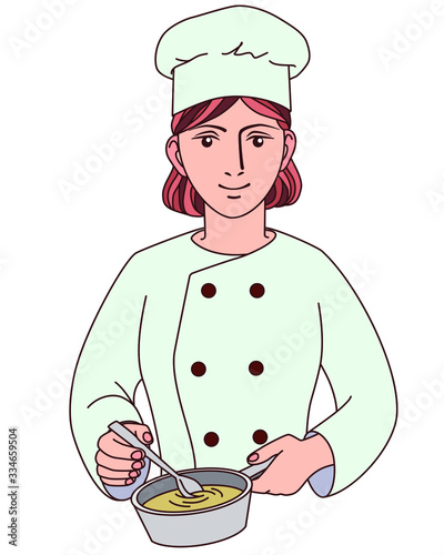Smiling Chef, vector illustration drawings on a white background. Hand drawn cook in chef uniform and cap at work.