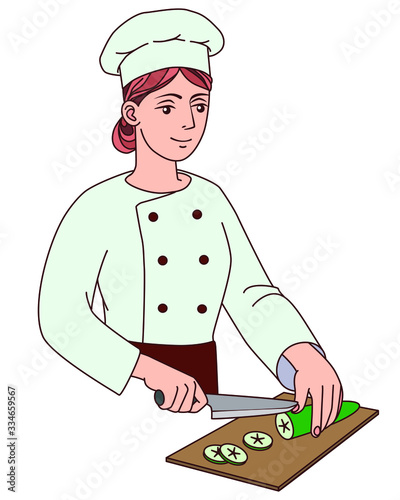 Female cook in chef uniform and cap at work, holds a knife and cuts on a chopping board. Vector illustration drawings on a white background