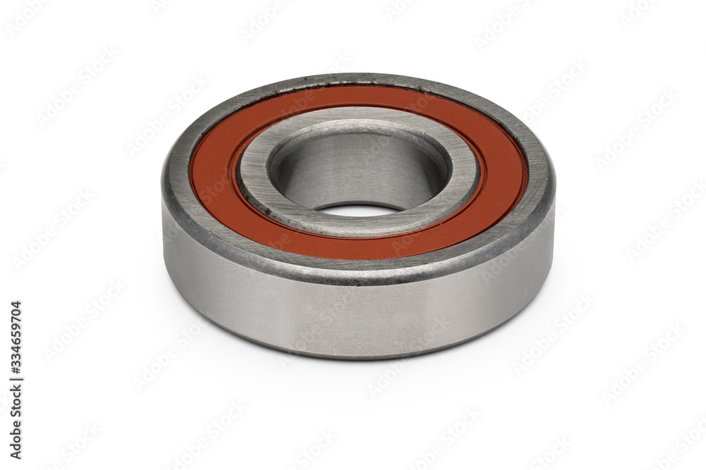 Isolate. Metal ball bearing with a red ring. Close-up. White background. Horizontal view. Isolate. Metal ball bearing with a red ring. Close-up. White background. Horizontal view.