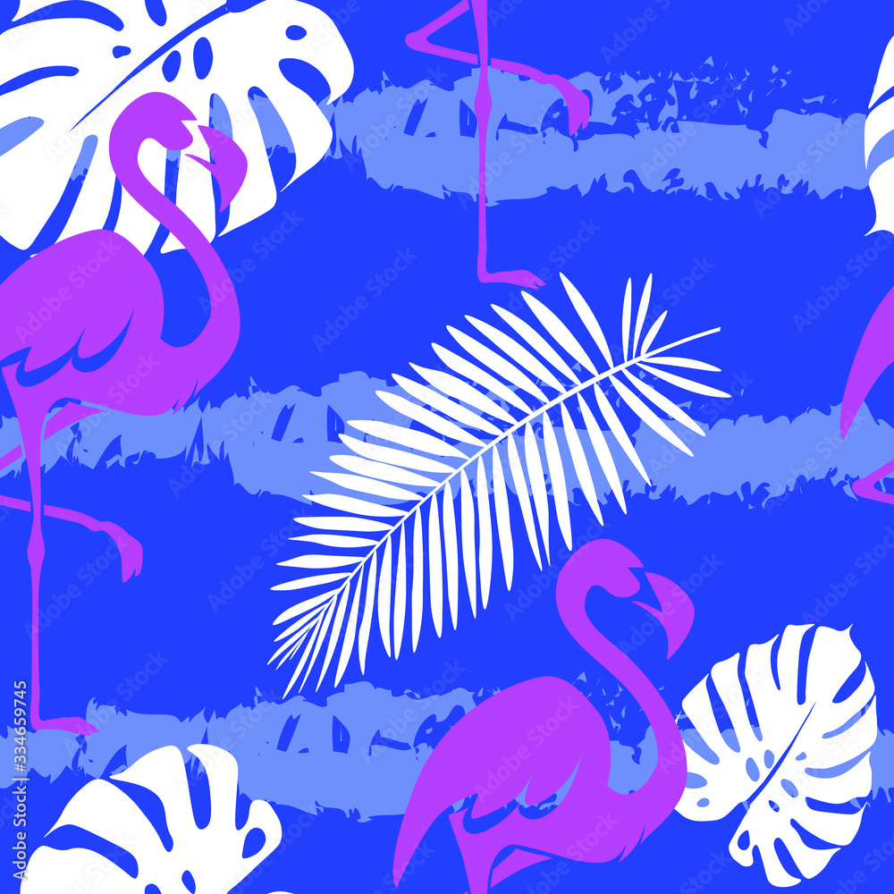 Fototapeta Tropical leaves and flamingo seamless pattern. Design suitable for textile, wallpaper, summer, leisure, website, wrapping paper. Isolated vector illustration