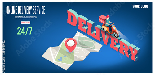 Online delivery service concept with delivery man ride scooter delivering parcel box.  vector illustration.